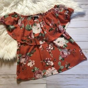 Bobeau Coral Floral Off Shoulder Top Ruffle Small